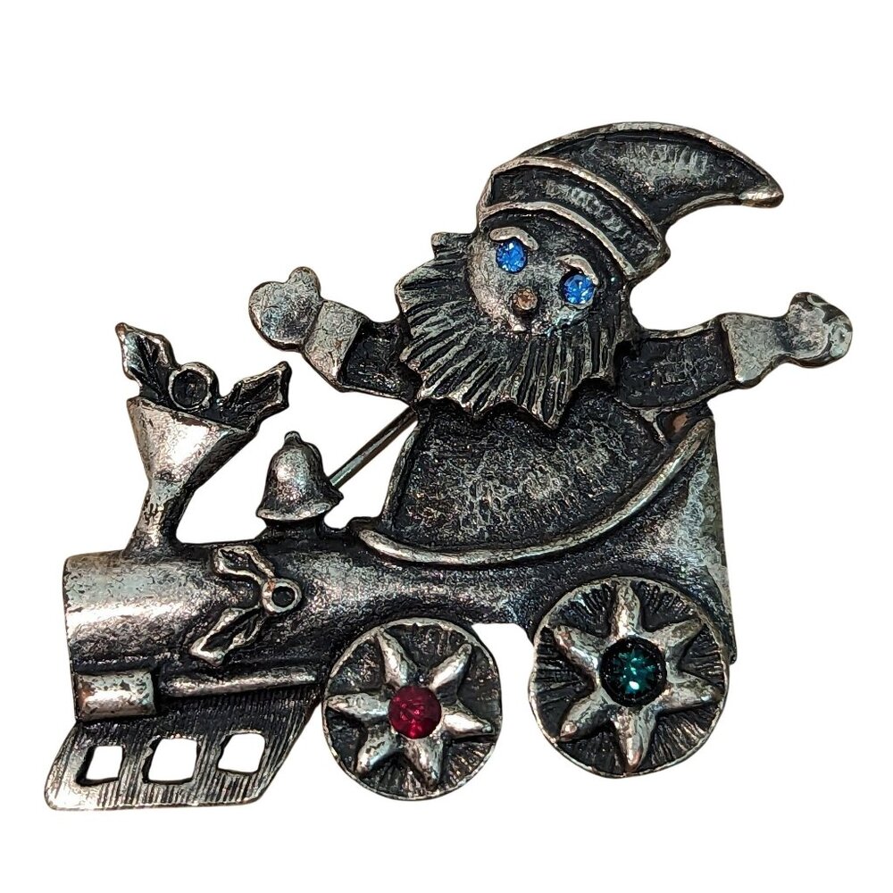 Vintage Silver-Tone Santa Claus Train Brooch With Rhinestone Accents